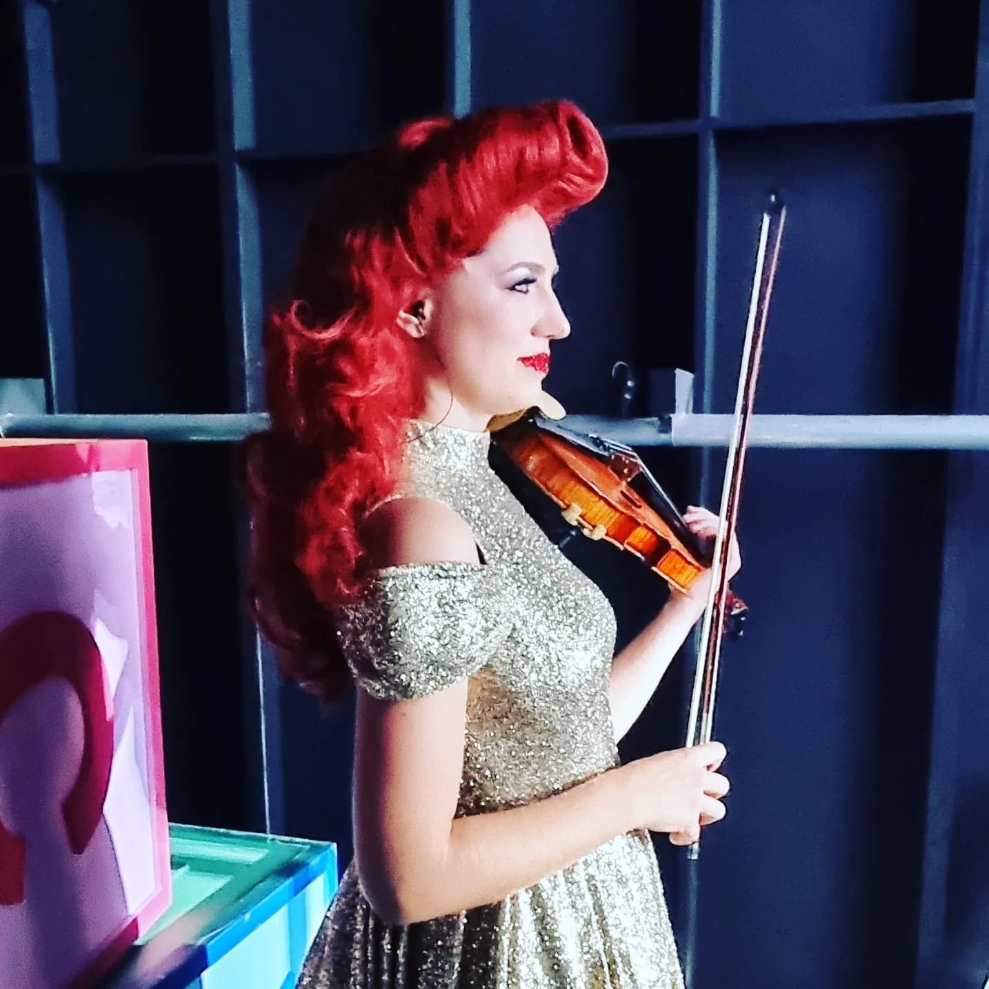 Violinist performer in gold dress